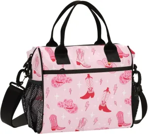 Retro Cowgirl Boots Lunch Bag Reusable Lunch Box for Office Picnic Hiking Beach, Insulated Cooler Tote Food Container with Adjustable Shoulder Strap for Men Women Adults