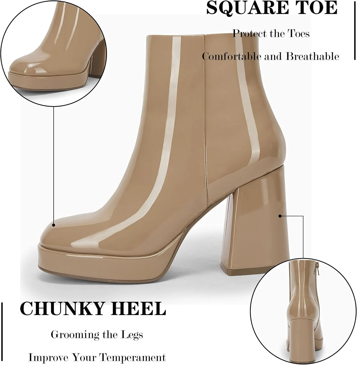 Rilista Platform Boots for Women Chunky High Heels Ankle Booties Square Toe Side Zipper Punk Boots