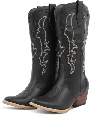 RLW Cowboy Boots for Women Cowgirl Boots Classic Knee-High Western Boots Pointy Toe with Comfortable Chunky Heel
