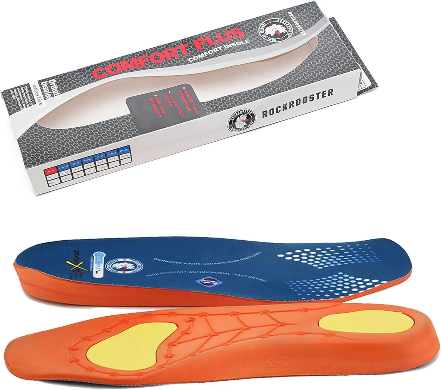 ROCKROOSTER Shock Absorbing Sport Athletic Insoles for Men & Women Shoe Inserts, Comfort, Arch Support, Fast Drying, Ideal for Sneakers Running Training Hiking Shoes & Boots, Pain Relief (RC920-L)