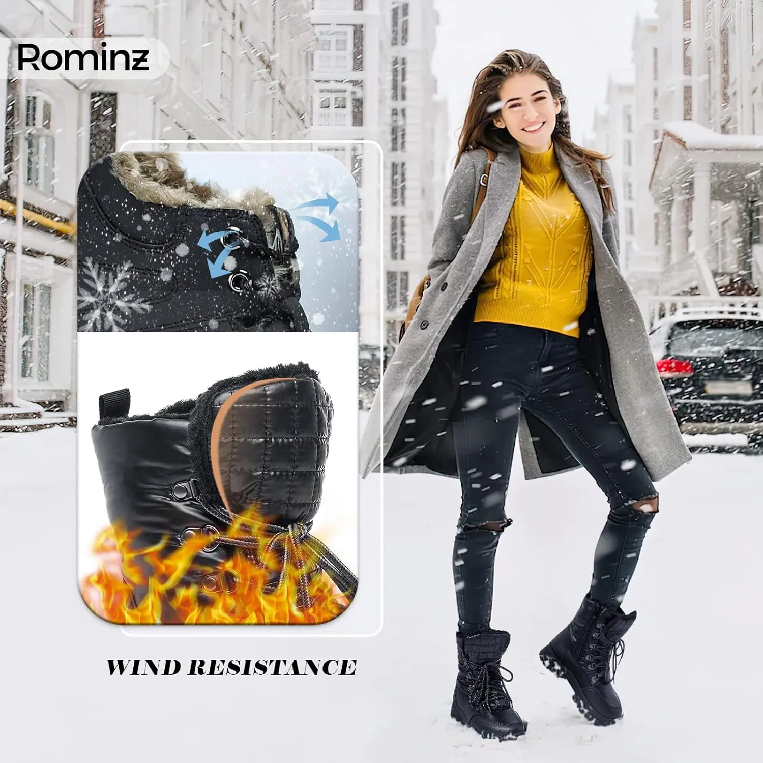 Rominz Womens Winter Snow Boots with Zipper Warm Fur Lined Mid Calf Ankle Booties for Women Comfortable Outdoor Anti Slip Boots