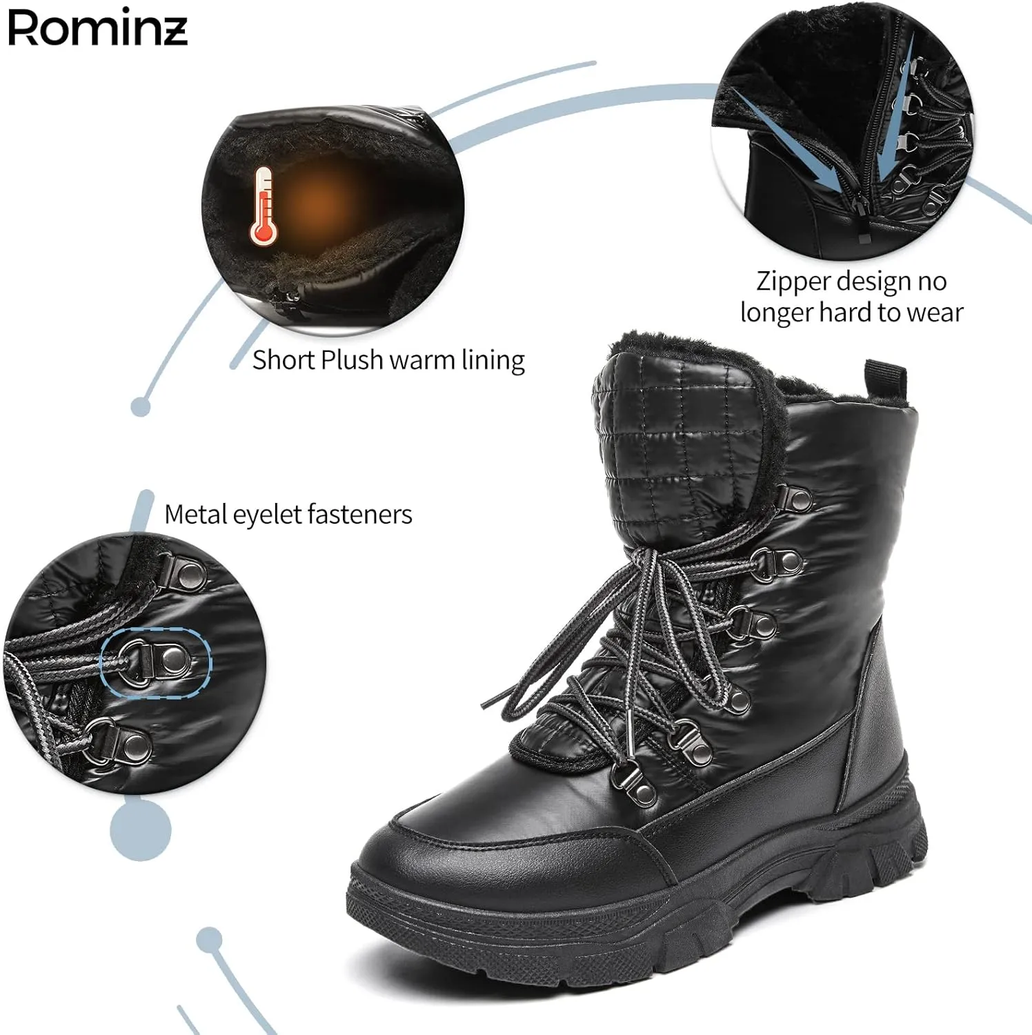 Rominz Womens Winter Snow Boots with Zipper Warm Fur Lined Mid Calf Ankle Booties for Women Comfortable Outdoor Anti Slip Boots