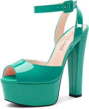 Saekcted Womens Chunky Block High Heel Peep Open Toe Platform Sandals Ankle Strap Buckle Dress Shoes Prom Party 5.9 Inches Heels