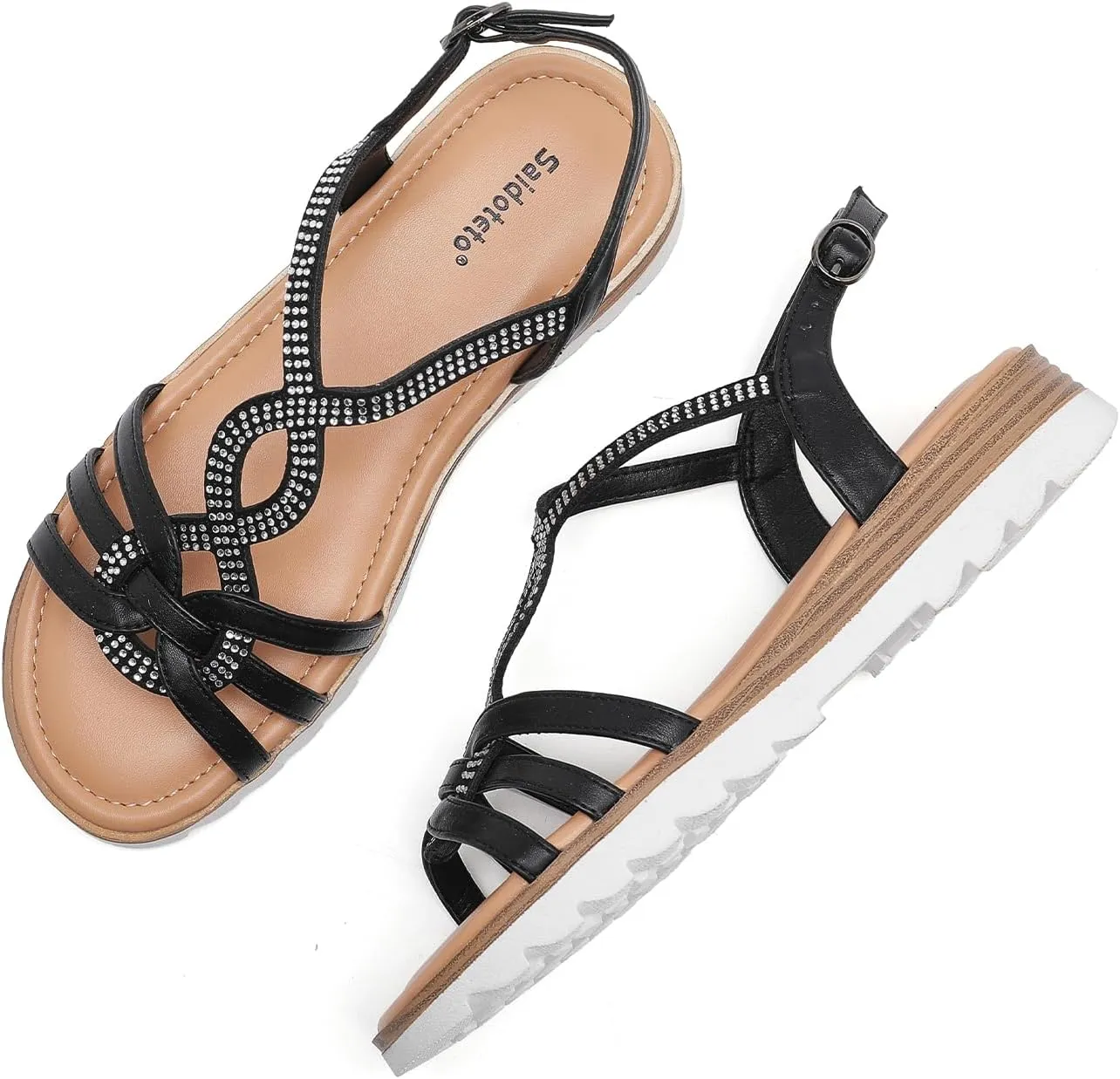 Saidoteto Women's Wide Width Flat Sandals,Casual Open Toe Strappy Slip-on Summer Dressy Sandals with Sparkling Rhinestones