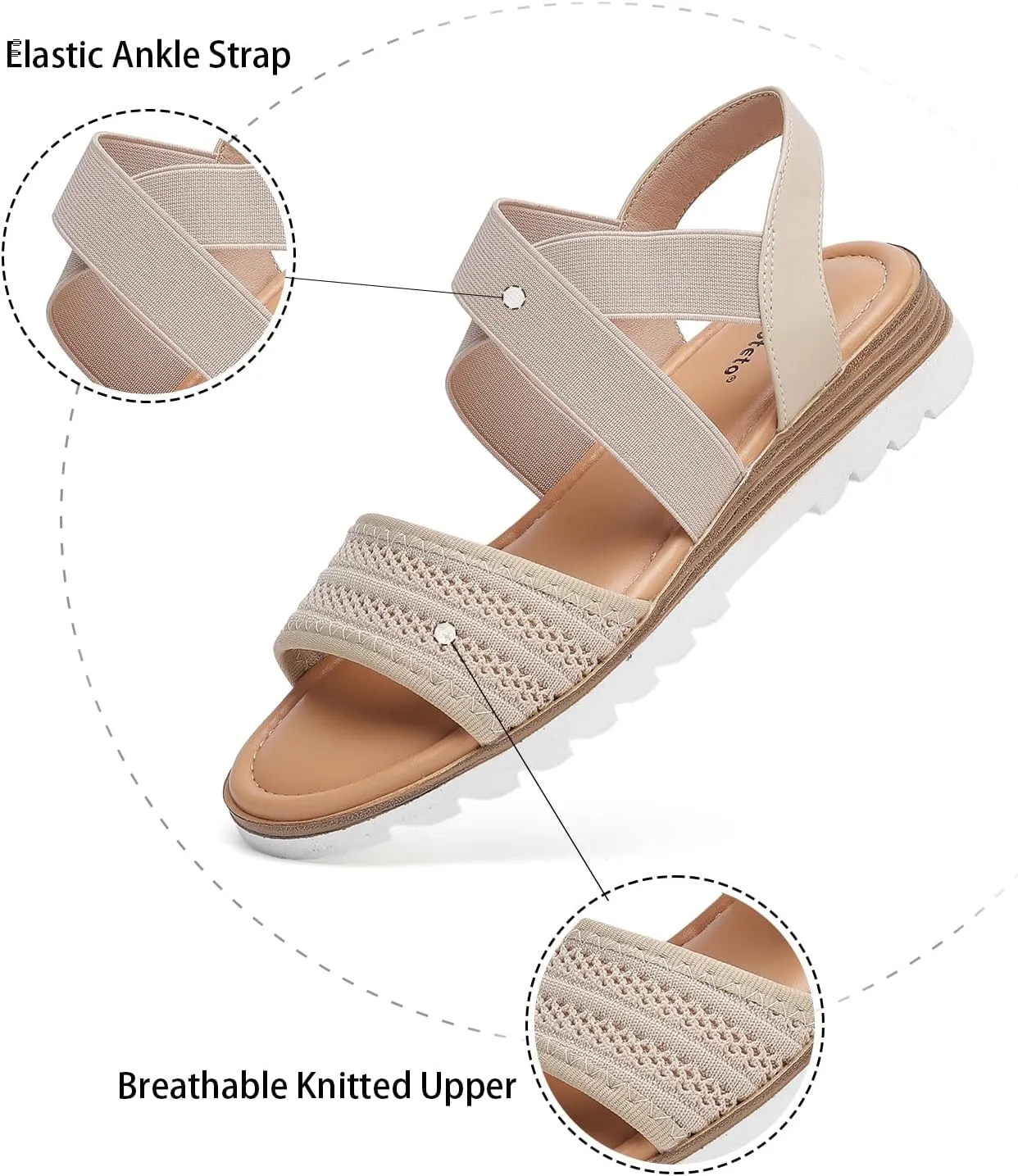 Saidoteto Women's Wide Width Flat Sandals,Comfortable Elastic Ankle Strap Slingback Slip-On Open Toe Low Wedge Walking Sandals for Summer & Casual