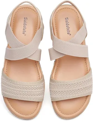 Saidoteto Women's Wide Width Flat Sandals,Comfortable Elastic Ankle Strap Slingback Slip-On Open Toe Low Wedge Walking Sandals for Summer & Casual