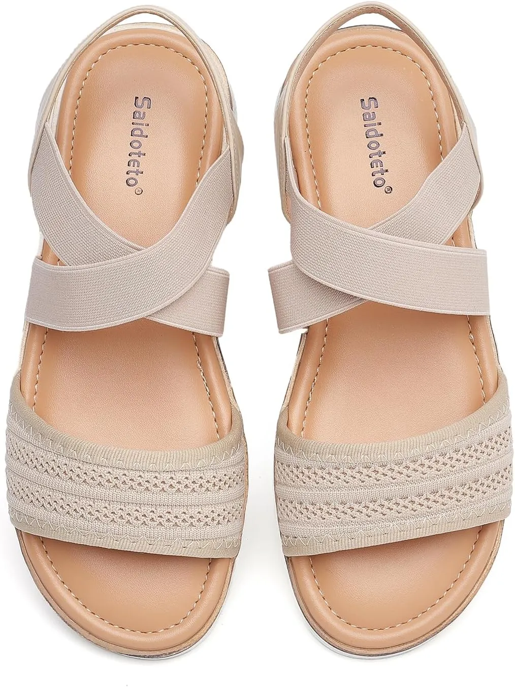 Saidoteto Women's Wide Width Flat Sandals,Comfortable Elastic Ankle Strap Slingback Slip-On Open Toe Low Wedge Walking Sandals for Summer & Casual
