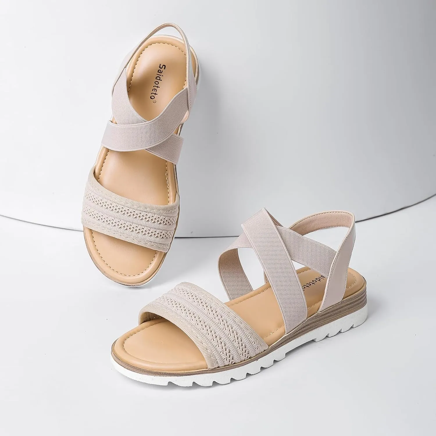 Saidoteto Women's Wide Width Flat Sandals,Comfortable Elastic Ankle Strap Slingback Slip-On Open Toe Low Wedge Walking Sandals for Summer & Casual