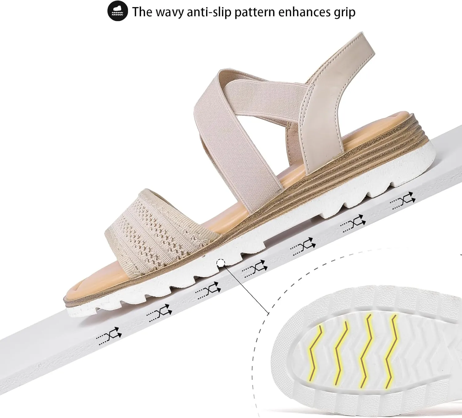 Saidoteto Women's Wide Width Flat Sandals,Comfortable Elastic Ankle Strap Slingback Slip-On Open Toe Low Wedge Walking Sandals for Summer & Casual