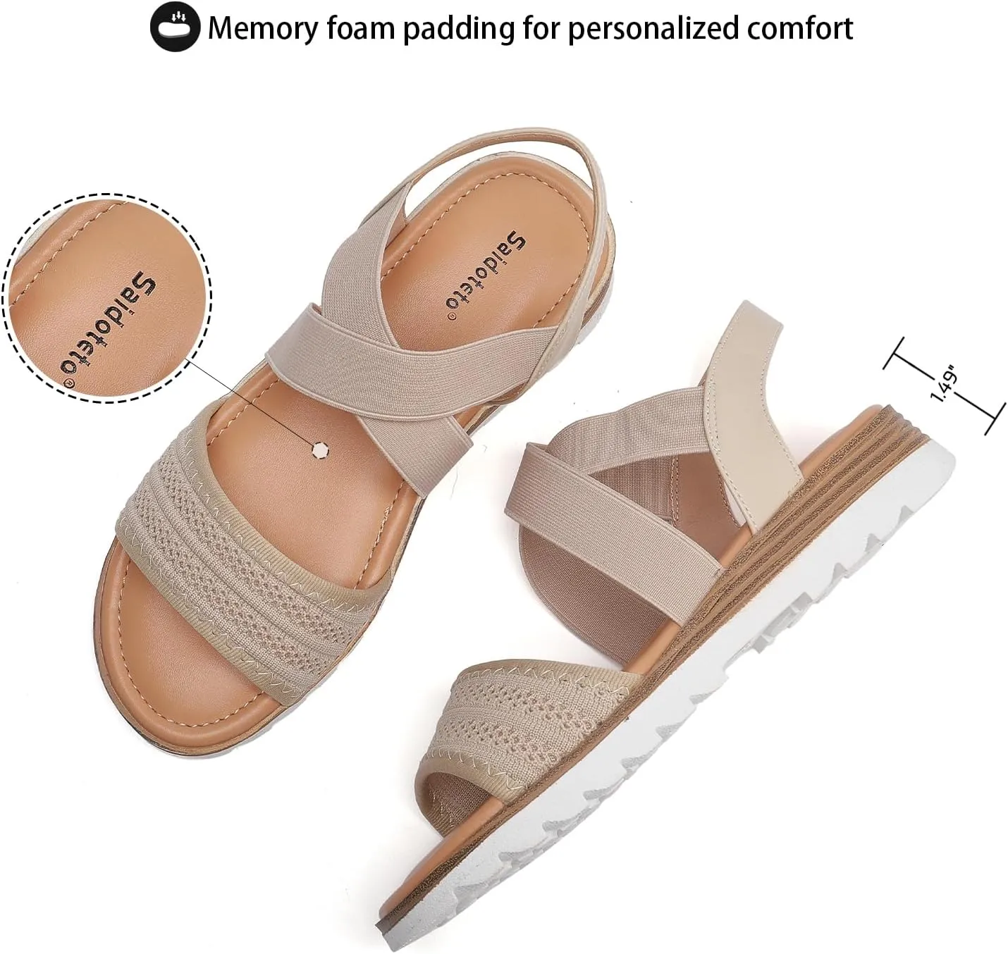 Saidoteto Women's Wide Width Flat Sandals,Comfortable Elastic Ankle Strap Slingback Slip-On Open Toe Low Wedge Walking Sandals for Summer & Casual