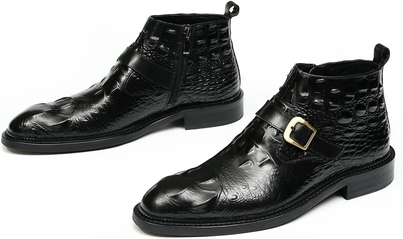 Santimon Men Chelsea Boots Casual Black Dress Formal Leather Boots Crocodile Embossing Buckle Boots Fashion Cowboy Dress Zipper Boots for Men