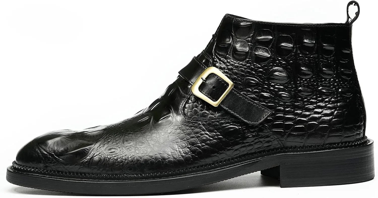 Santimon Men Chelsea Boots Casual Black Dress Formal Leather Boots Crocodile Embossing Buckle Boots Fashion Cowboy Dress Zipper Boots for Men