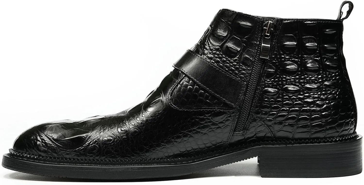 Santimon Men Chelsea Boots Casual Black Dress Formal Leather Boots Crocodile Embossing Buckle Boots Fashion Cowboy Dress Zipper Boots for Men