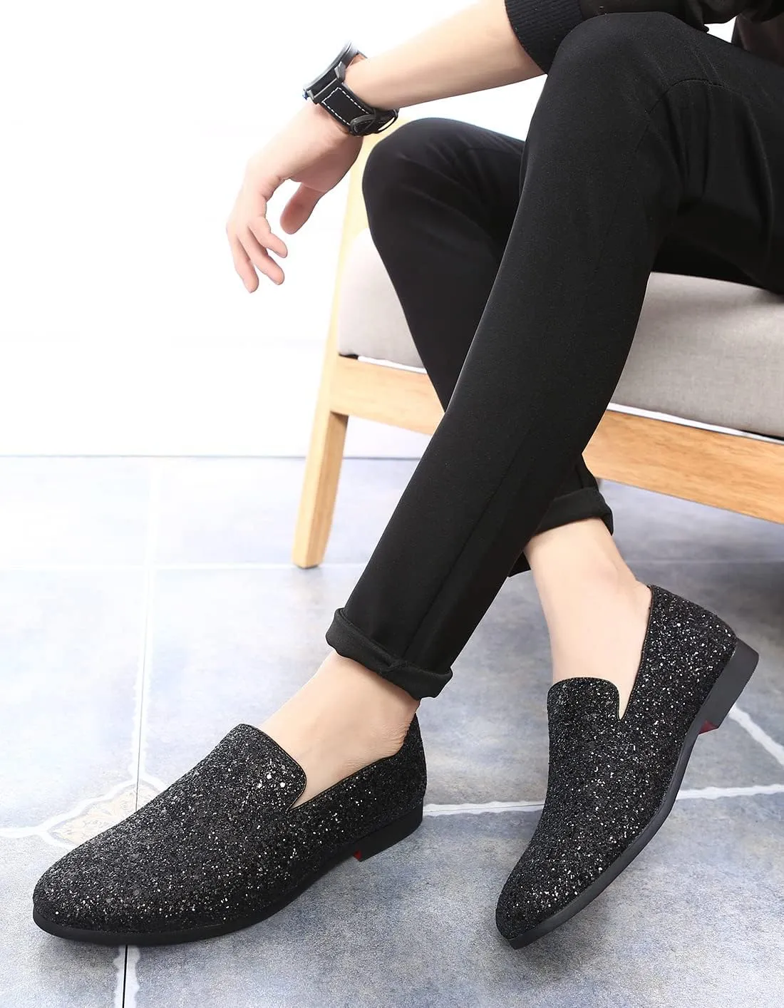 Santimon Mens Glitter Loafers Slip-On Dress Shoes – Sparkly Tuxedo & Suit Shoes for Weddings, Parties, and Formal Events