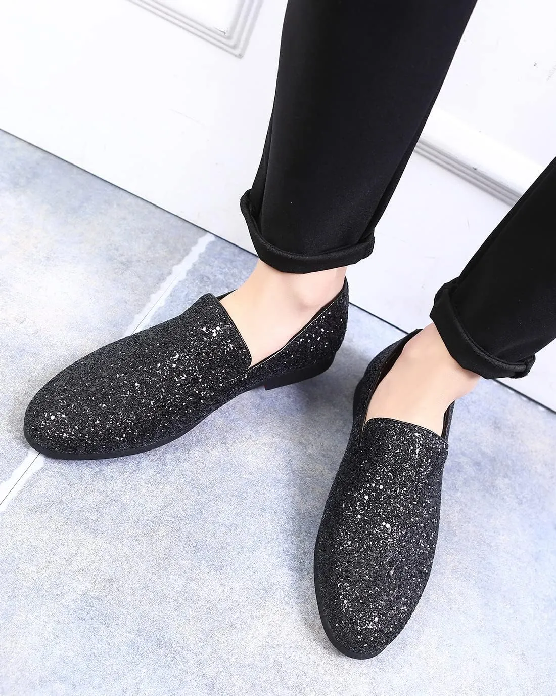 Santimon Mens Glitter Loafers Slip-On Dress Shoes – Sparkly Tuxedo & Suit Shoes for Weddings, Parties, and Formal Events