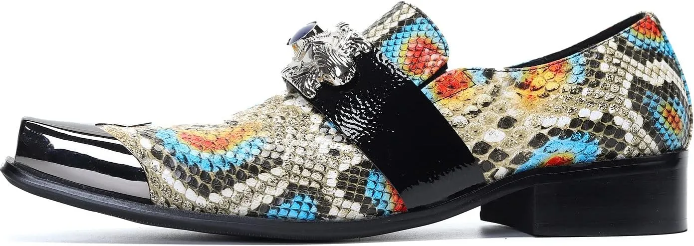 Santimon Mens Loafers Casual Dress Slip On Genuine Leather Mocassins Metal Square Toe Snakeskin Pattern Penny Loafers Wedding Party Disco Western Cowboy Ballroom Prom Shoes