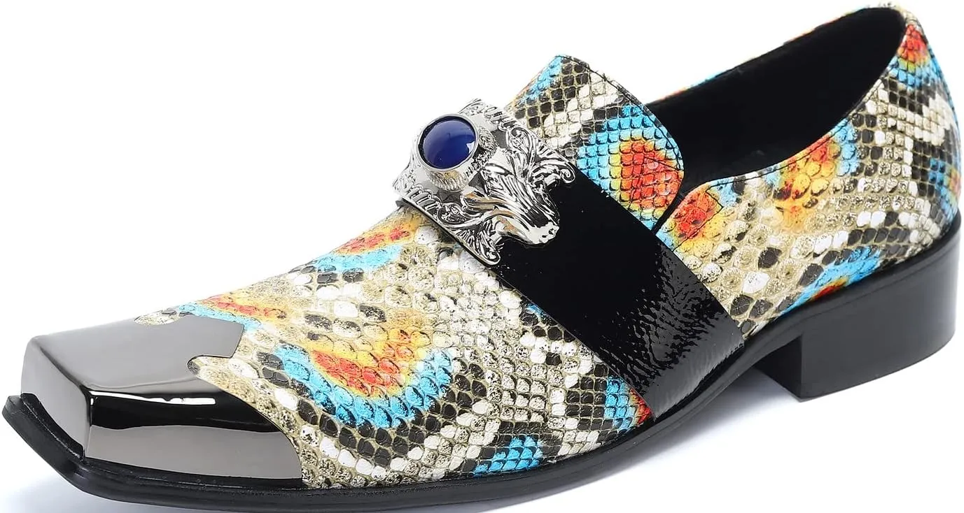 Santimon Mens Loafers Casual Dress Slip On Genuine Leather Mocassins Metal Square Toe Snakeskin Pattern Penny Loafers Wedding Party Disco Western Cowboy Ballroom Prom Shoes