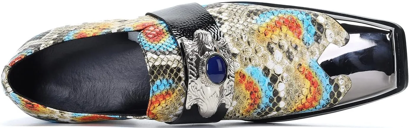 Santimon Mens Loafers Casual Dress Slip On Genuine Leather Mocassins Metal Square Toe Snakeskin Pattern Penny Loafers Wedding Party Disco Western Cowboy Ballroom Prom Shoes