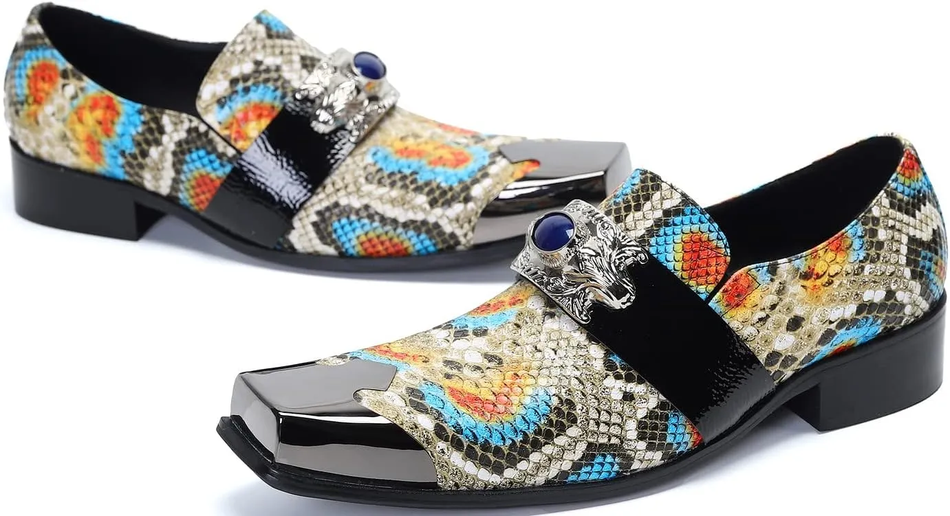 Santimon Mens Loafers Casual Dress Slip On Genuine Leather Mocassins Metal Square Toe Snakeskin Pattern Penny Loafers Wedding Party Disco Western Cowboy Ballroom Prom Shoes