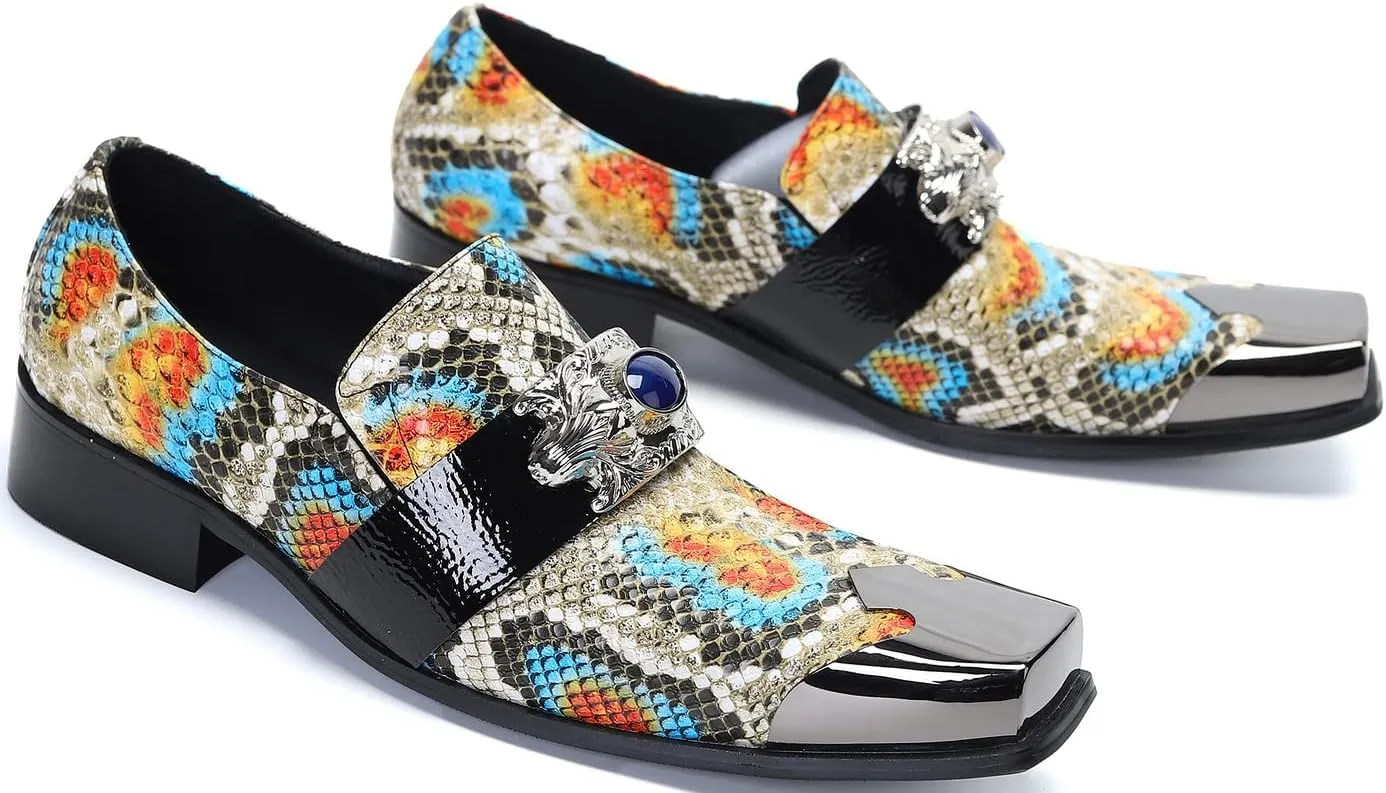 Santimon Mens Loafers Casual Dress Slip On Genuine Leather Mocassins Metal Square Toe Snakeskin Pattern Penny Loafers Wedding Party Disco Western Cowboy Ballroom Prom Shoes