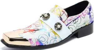 Santimon Mens Loafers Casual Dress Tuxedo Slip On Genuine Leather Mocassins Metal Square Toe Scrawl Pattern Penny Loafers Wedding Party Disco Western Cowboy Ballroom Prom Shoes