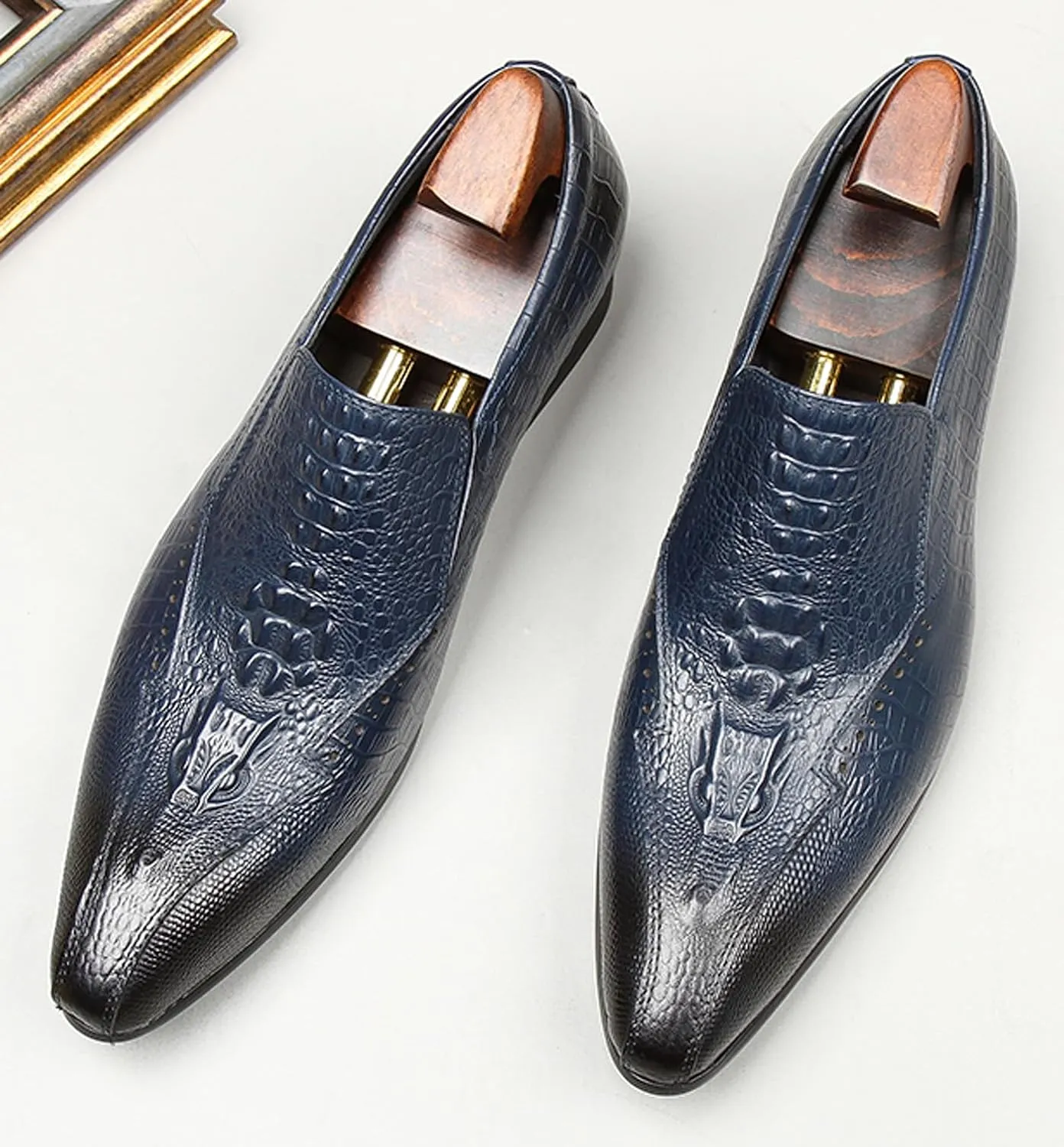 Santimon Men’s Slip-On Loafers Formal Dress Shoes – Crocodile-Embossed Leather Penny Loafers for Business Casual, Wedding & Evening Events