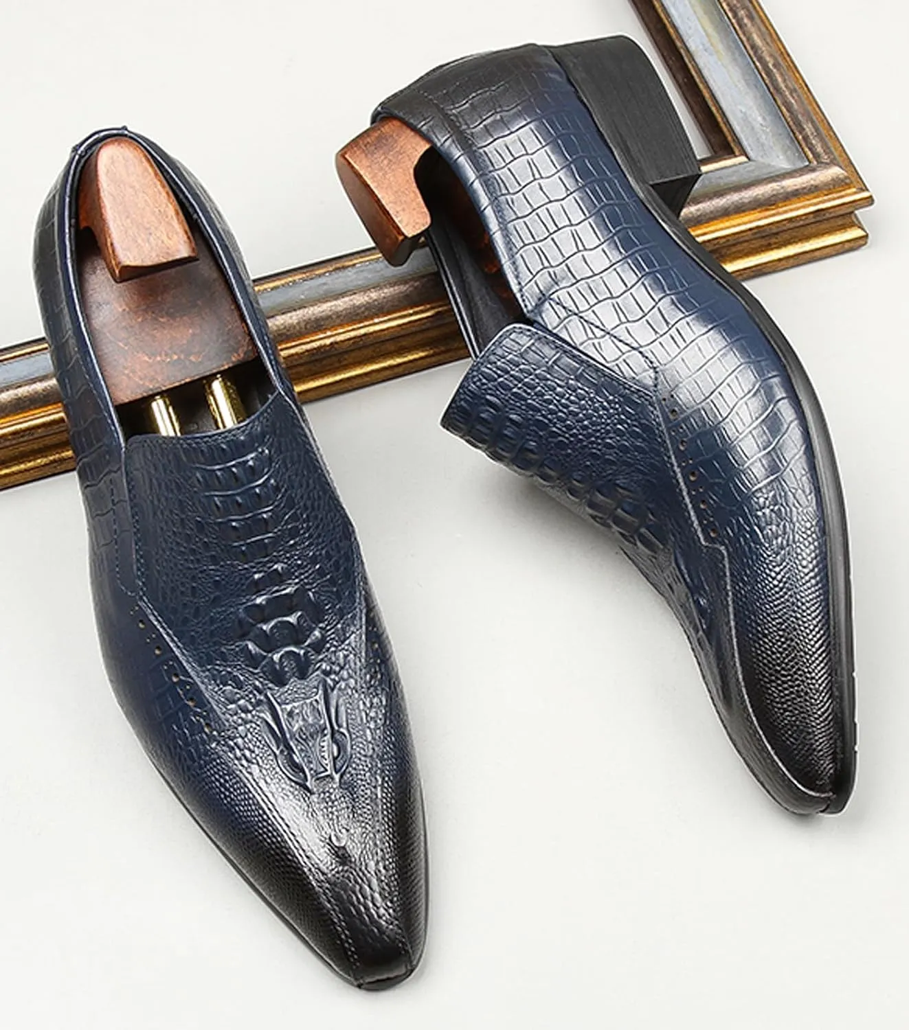 Santimon Men’s Slip-On Loafers Formal Dress Shoes – Crocodile-Embossed Leather Penny Loafers for Business Casual, Wedding & Evening Events