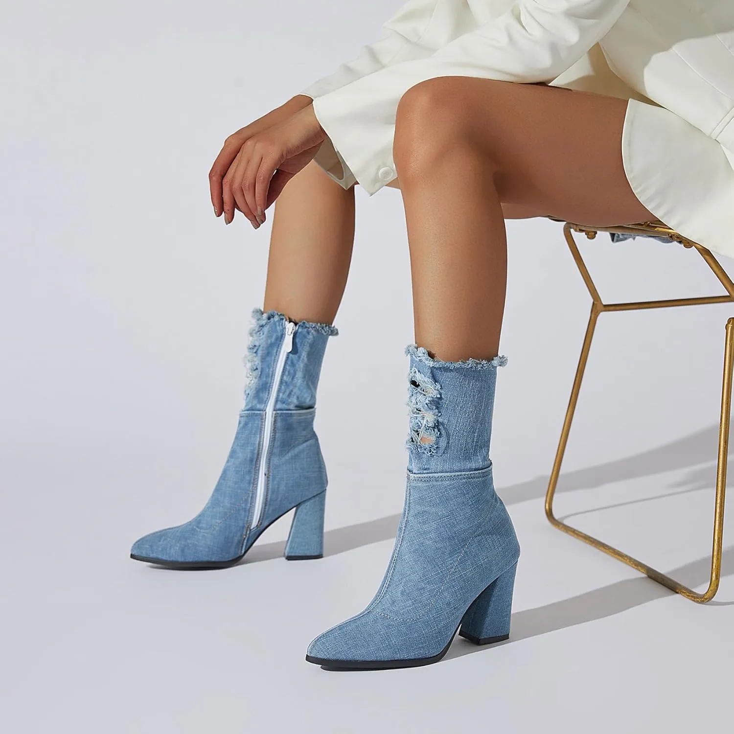 SHEMEE Chunky High Heels Denim Boot for Women Pointy Toe Block Heeled Dress Jeans Boots
