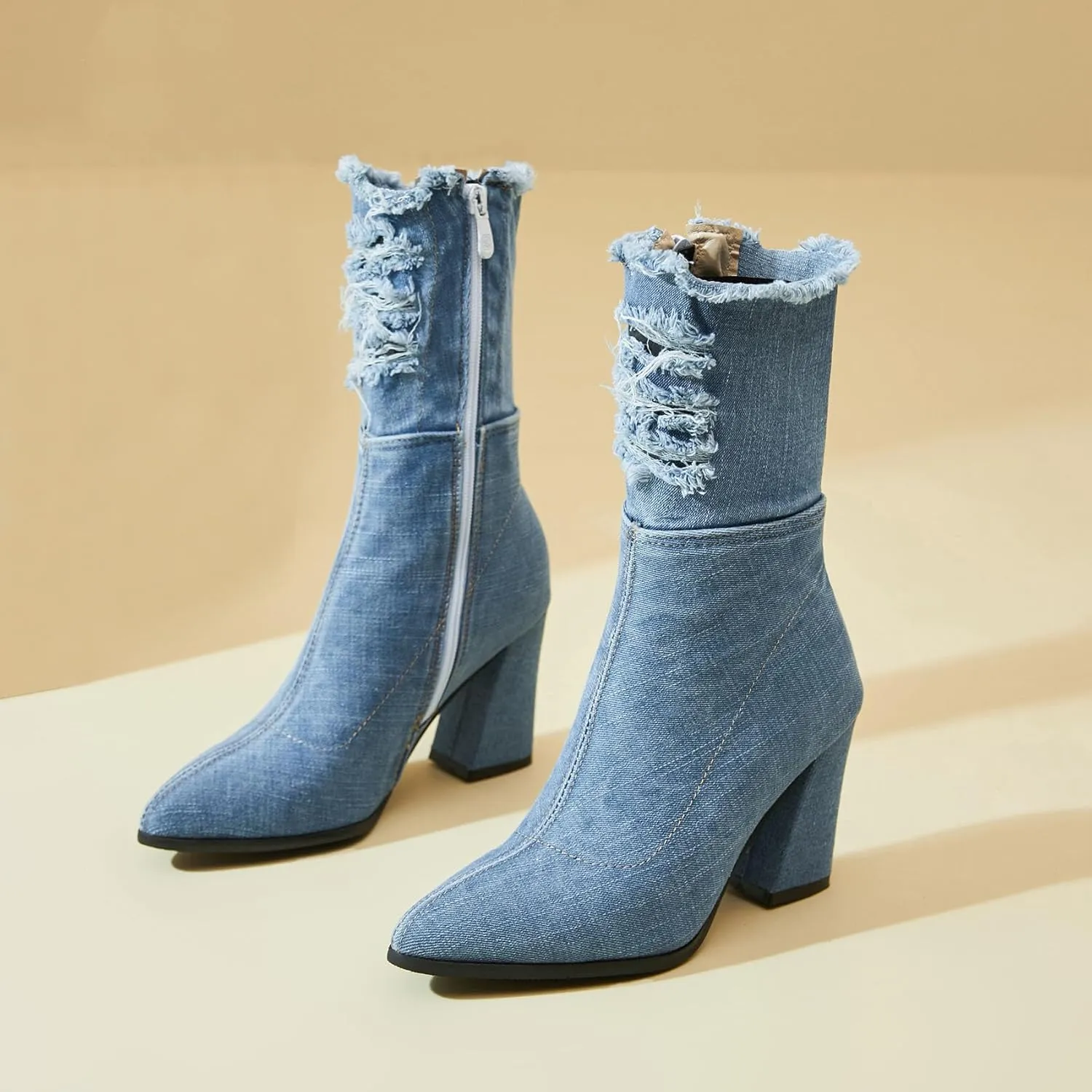 SHEMEE Chunky High Heels Denim Boot for Women Pointy Toe Block Heeled Dress Jeans Boots