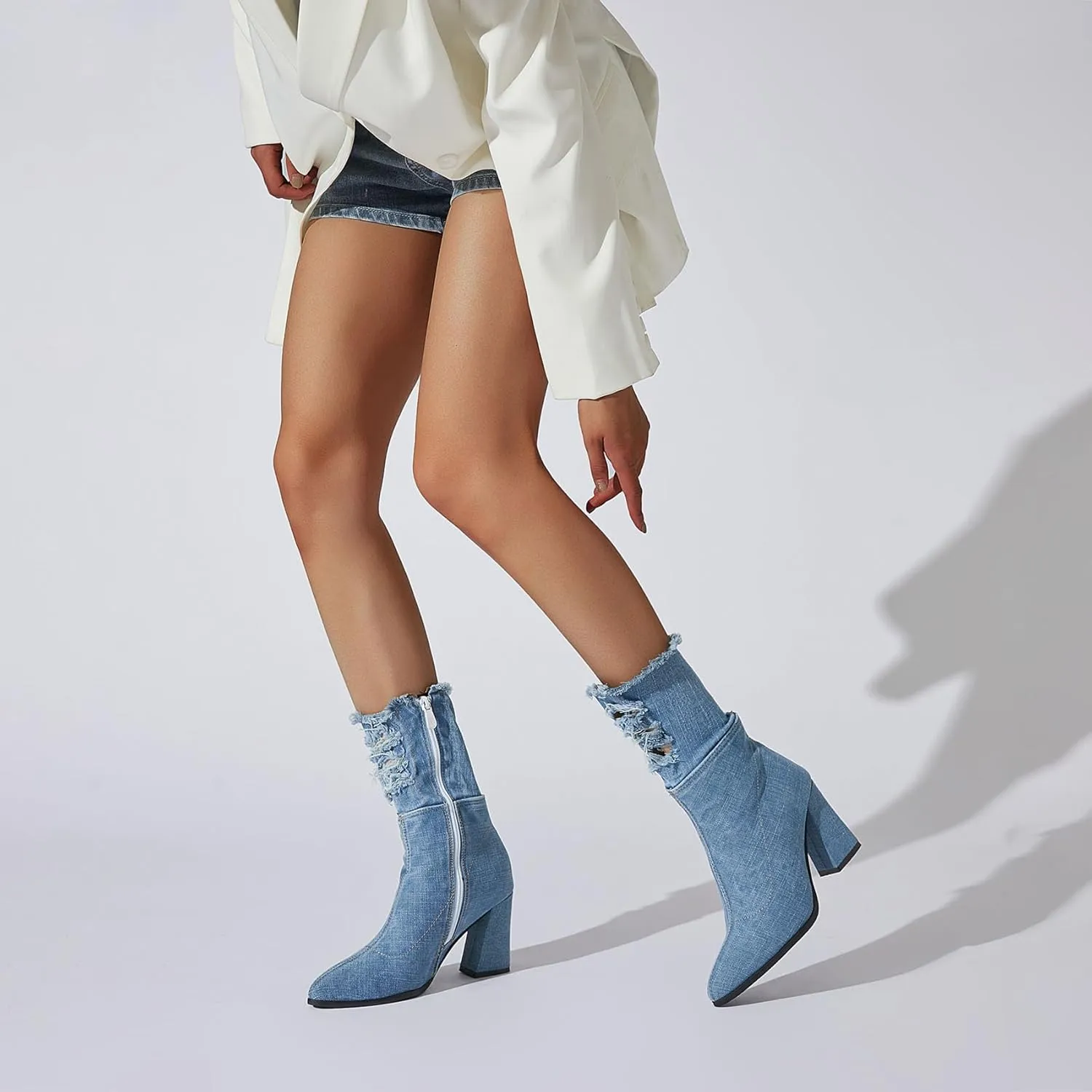 SHEMEE Chunky High Heels Denim Boot for Women Pointy Toe Block Heeled Dress Jeans Boots