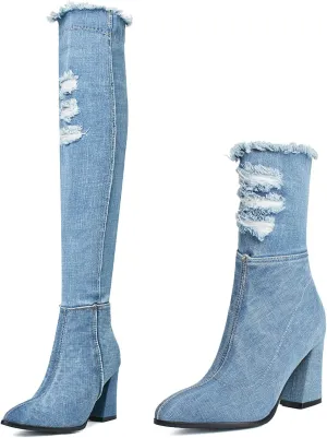 SHEMEE Chunky High Heels Denim Boot for Women Pointy Toe Block Heeled Dress Jeans Boots