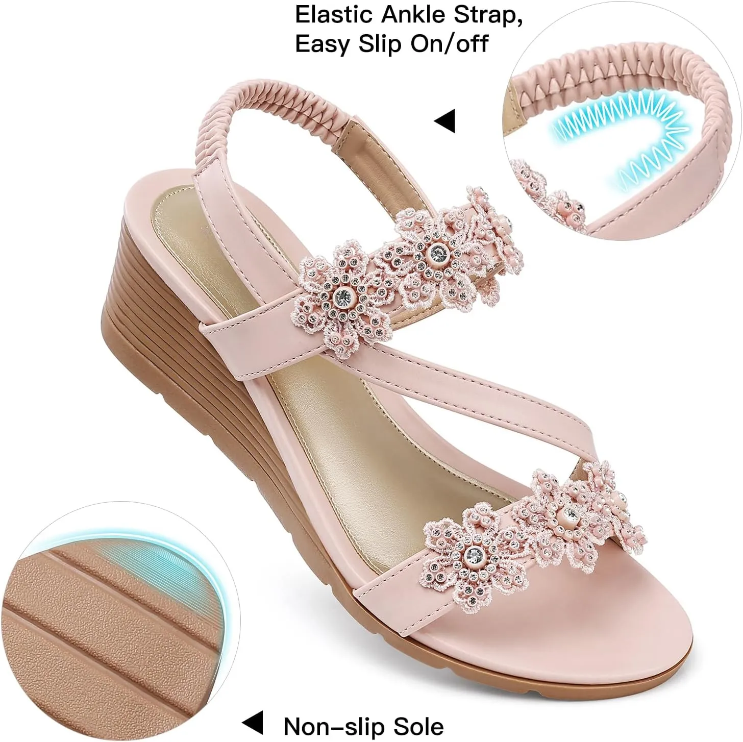 SHIBEVER Wedge Sandals for Women Dressy: Summer Open Toe Low Platform Wedges Sandals Elastic Ankle Strap Flower Comfortable Casual Shoes