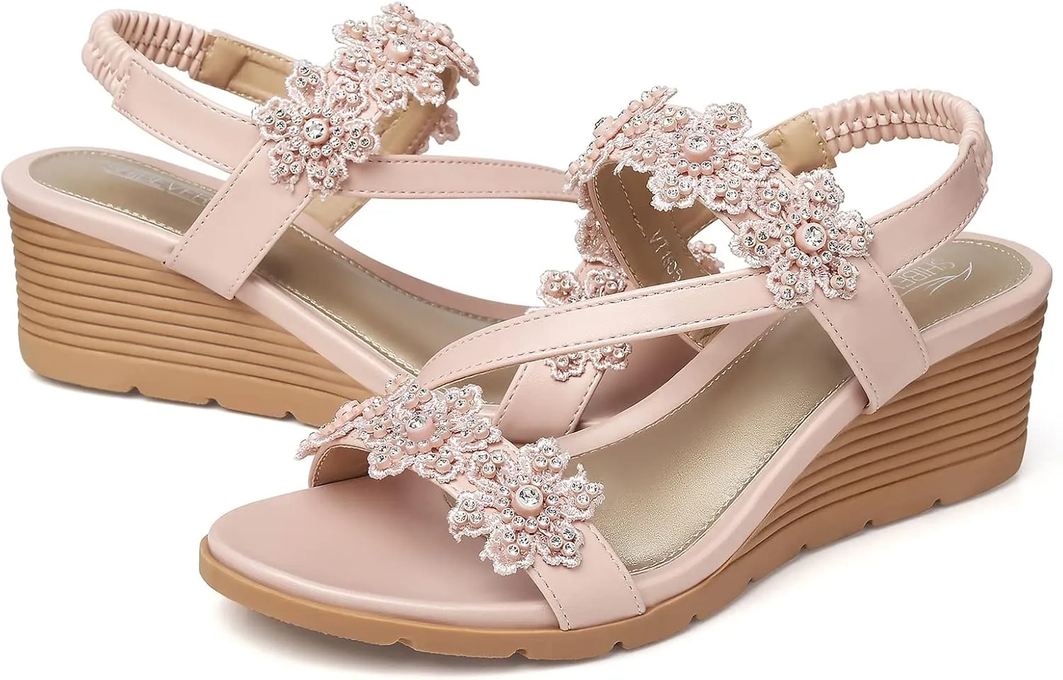 SHIBEVER Wedge Sandals for Women Dressy: Summer Open Toe Low Platform Wedges Sandals Elastic Ankle Strap Flower Comfortable Casual Shoes
