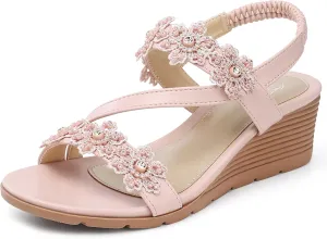 SHIBEVER Wedge Sandals for Women Dressy: Summer Open Toe Low Platform Wedges Sandals Elastic Ankle Strap Flower Comfortable Casual Shoes