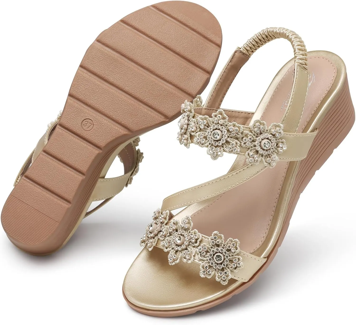SHIBEVER Wedge Sandals for Women Dressy: Summer Open Toe Low Platform Wedges Sandals Elastic Ankle Strap Flower Comfortable Casual Shoes