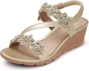 SHIBEVER Wedge Sandals for Women Dressy: Summer Open Toe Low Platform Wedges Sandals Elastic Ankle Strap Flower Comfortable Casual Shoes