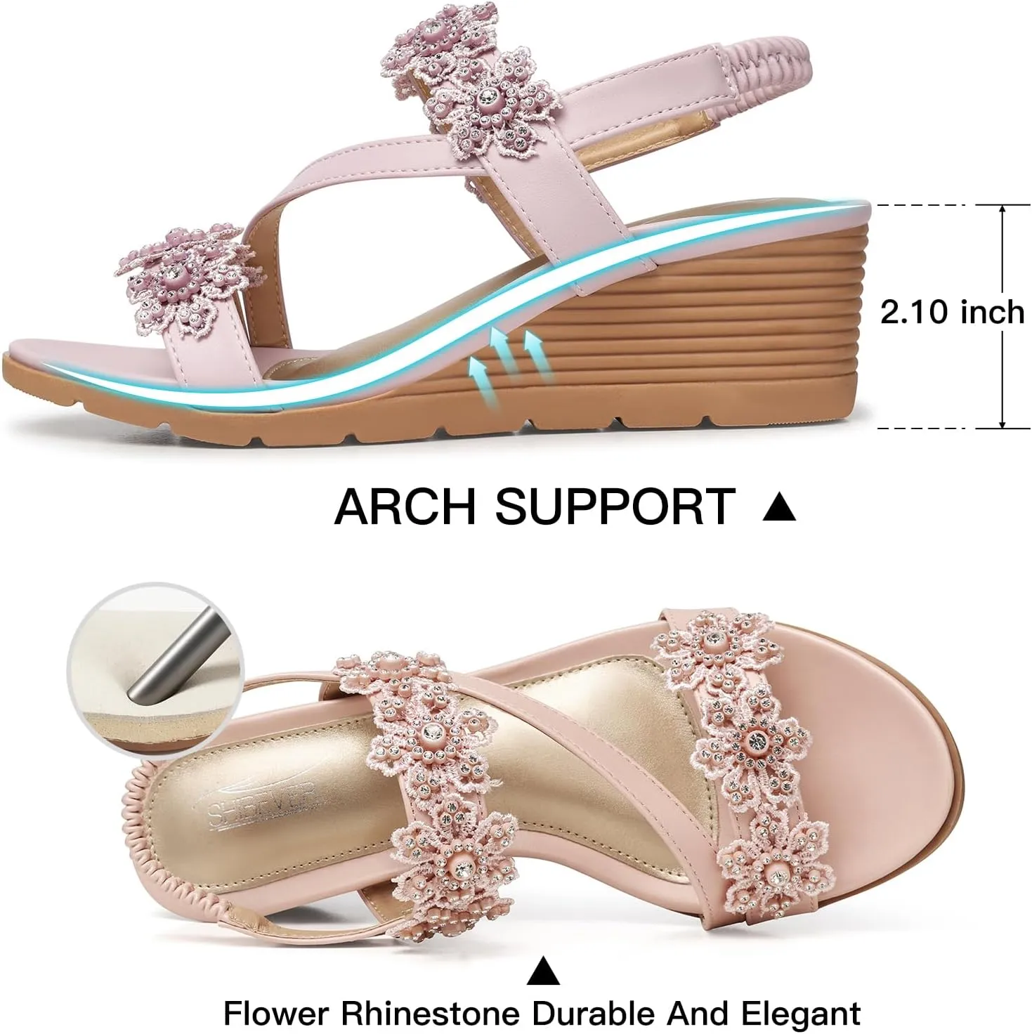 SHIBEVER Wedge Sandals for Women Dressy: Summer Open Toe Low Platform Wedges Sandals Elastic Ankle Strap Flower Comfortable Casual Shoes