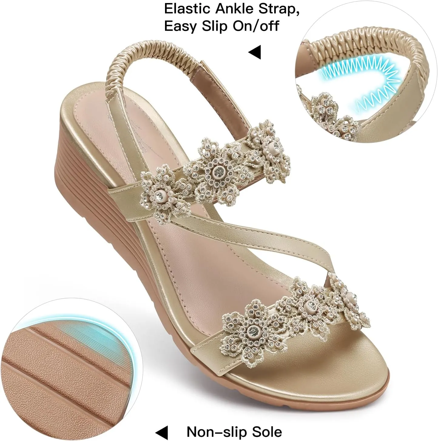SHIBEVER Wedge Sandals for Women Dressy: Summer Open Toe Low Platform Wedges Sandals Elastic Ankle Strap Flower Comfortable Casual Shoes