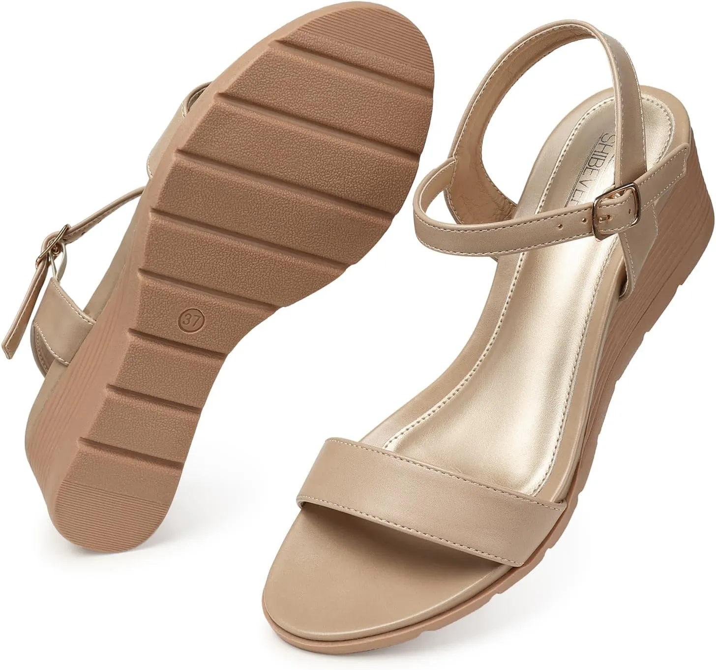 SHIBEVER Womens Sandals Wedge Low: Buckle Ankle Strap Wedge Sandal - Dressy Sandals Women - Comfortable Summer