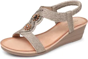 SHIBEVER Womens Sandals Wedge Low: Open Toe Elastic Ankle Strap Wedge Sandal - Dressy Sandals Women - Comfortable Summer