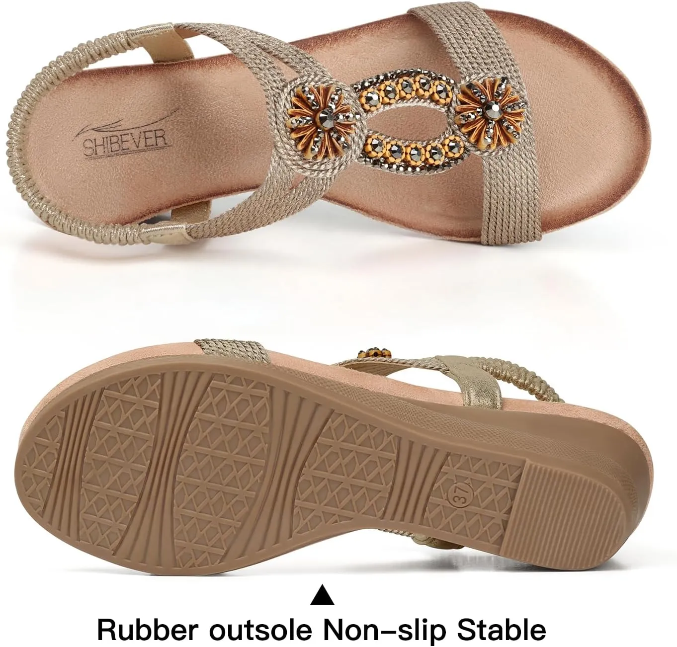 SHIBEVER Womens Wedge Sandals Flower Low Heel Dressy Sandals Elastic Ankle Strap Rhinestone Summer Comfortable Shoe