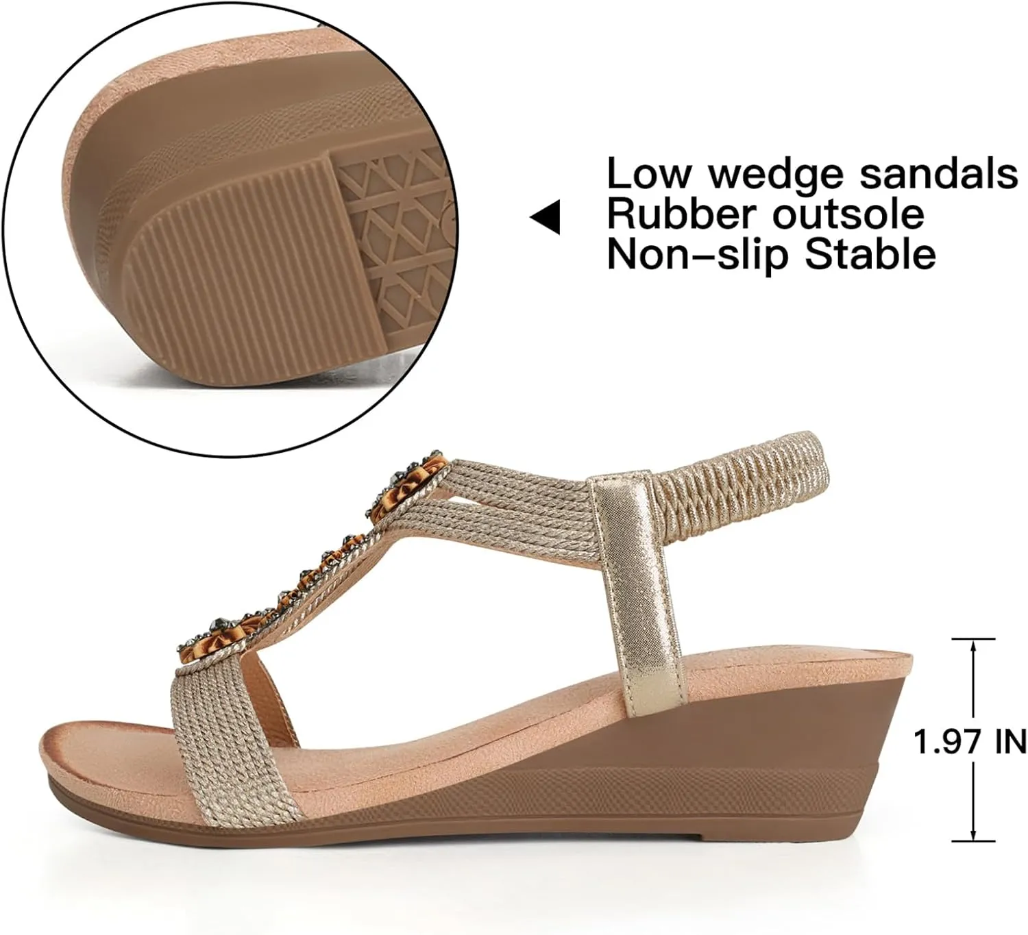 SHIBEVER Womens Wedge Sandals Flower Low Heel Dressy Sandals Elastic Ankle Strap Rhinestone Summer Comfortable Shoe