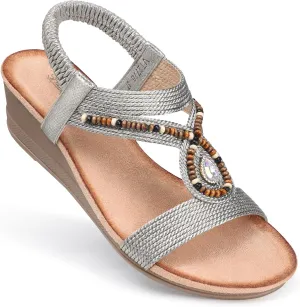 SHIBEVER Womens Wedge Sandals Low: Elastic Ankle Strap Wedge Sandals - Dressy Sandals Women - Comfortable Open Toe