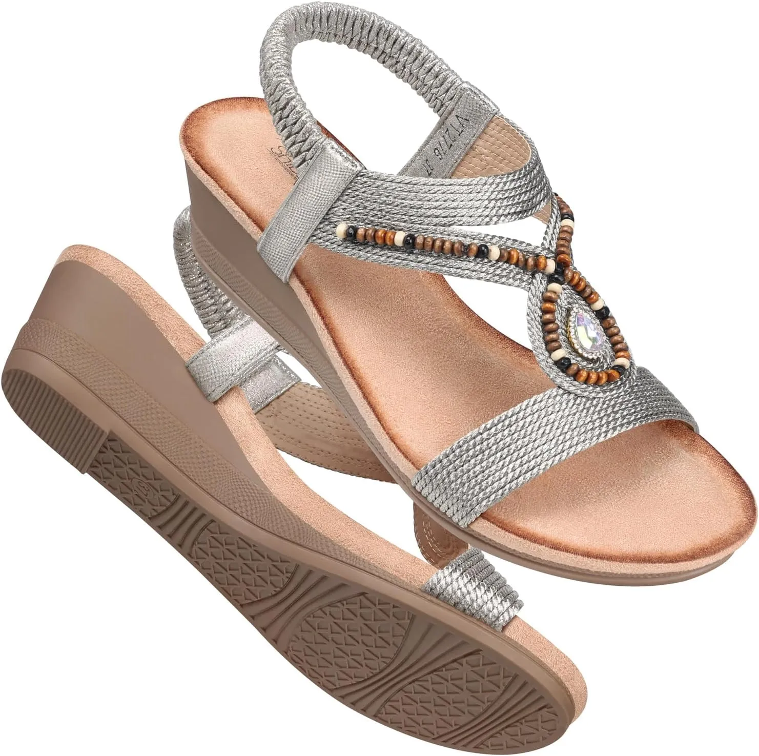 SHIBEVER Womens Wedge Sandals Low: Elastic Ankle Strap Wedge Sandals - Dressy Sandals Women - Comfortable Open Toe