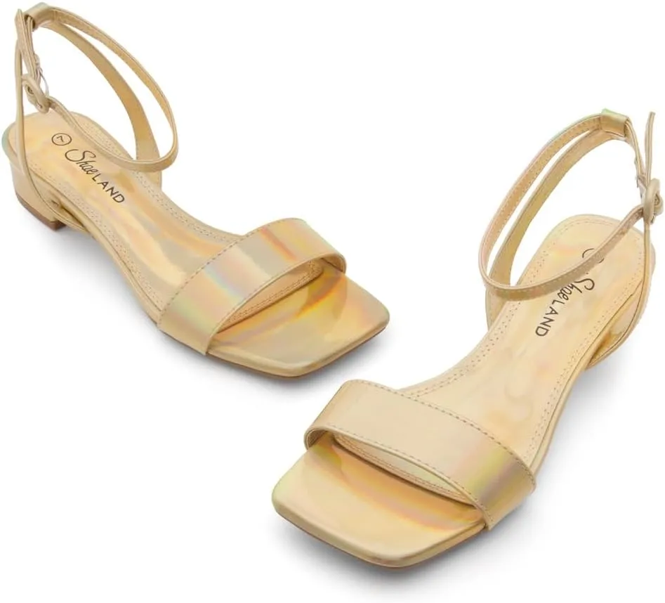 Shoe Land Women's Low Heels Dressy Sandals for 2025-1 Inch Chunky Block Short Heels | Square Open Toe with Adjustable Ankle Strap | Wedding & Party Heeled Sandals