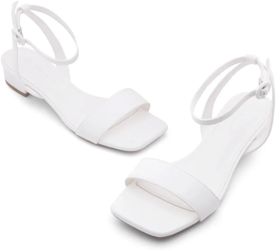 Shoe Land Women's Low Heels Dressy Sandals for 2025-1 Inch Chunky Block Short Heels | Square Open Toe with Adjustable Ankle Strap | Wedding & Party Heeled Sandals