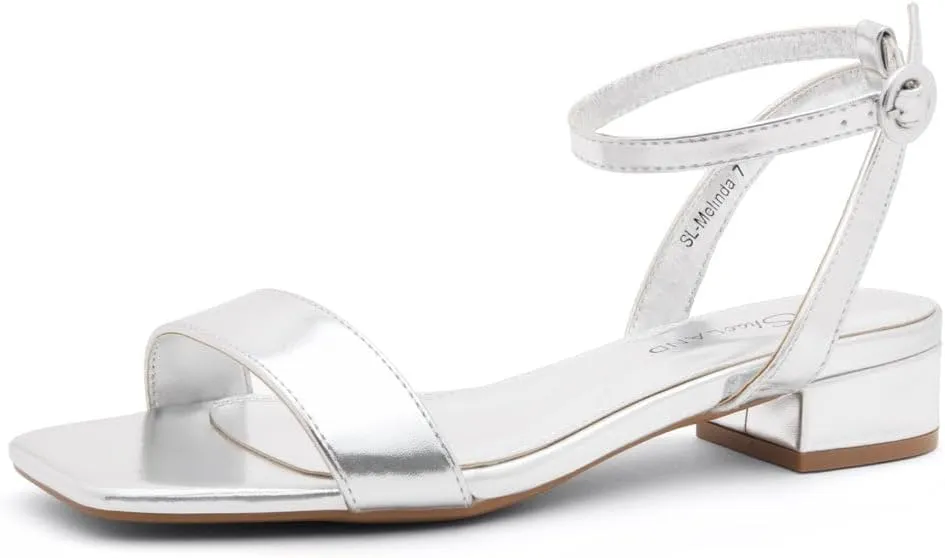 Shoe Land Women's Low Heels Dressy Sandals for 2025-1 Inch Chunky Block Short Heels | Square Open Toe with Adjustable Ankle Strap | Wedding & Party Heeled Sandals