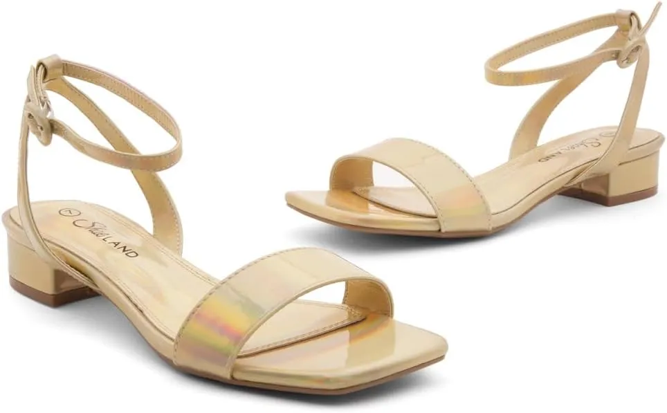 Shoe Land Women's Low Heels Dressy Sandals for 2025-1 Inch Chunky Block Short Heels | Square Open Toe with Adjustable Ankle Strap | Wedding & Party Heeled Sandals