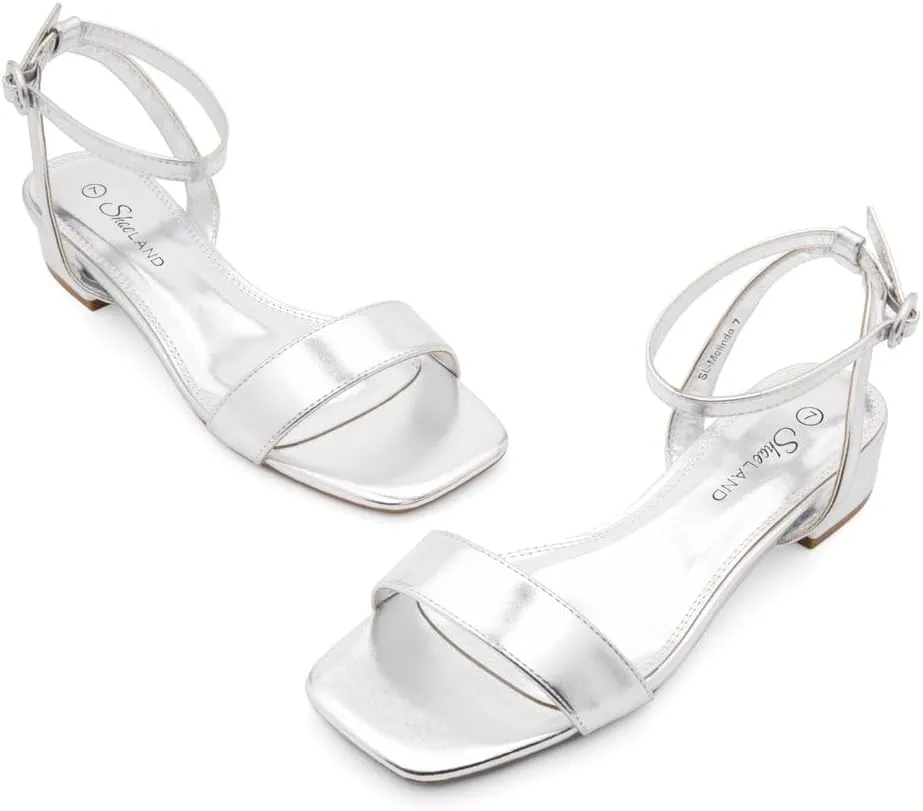 Shoe Land Women's Low Heels Dressy Sandals for 2025-1 Inch Chunky Block Short Heels | Square Open Toe with Adjustable Ankle Strap | Wedding & Party Heeled Sandals