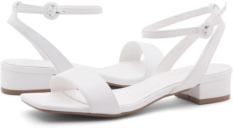Shoe Land Women's Low Heels Dressy Sandals for 2025-1 Inch Chunky Block Short Heels | Square Open Toe with Adjustable Ankle Strap | Wedding & Party Heeled Sandals